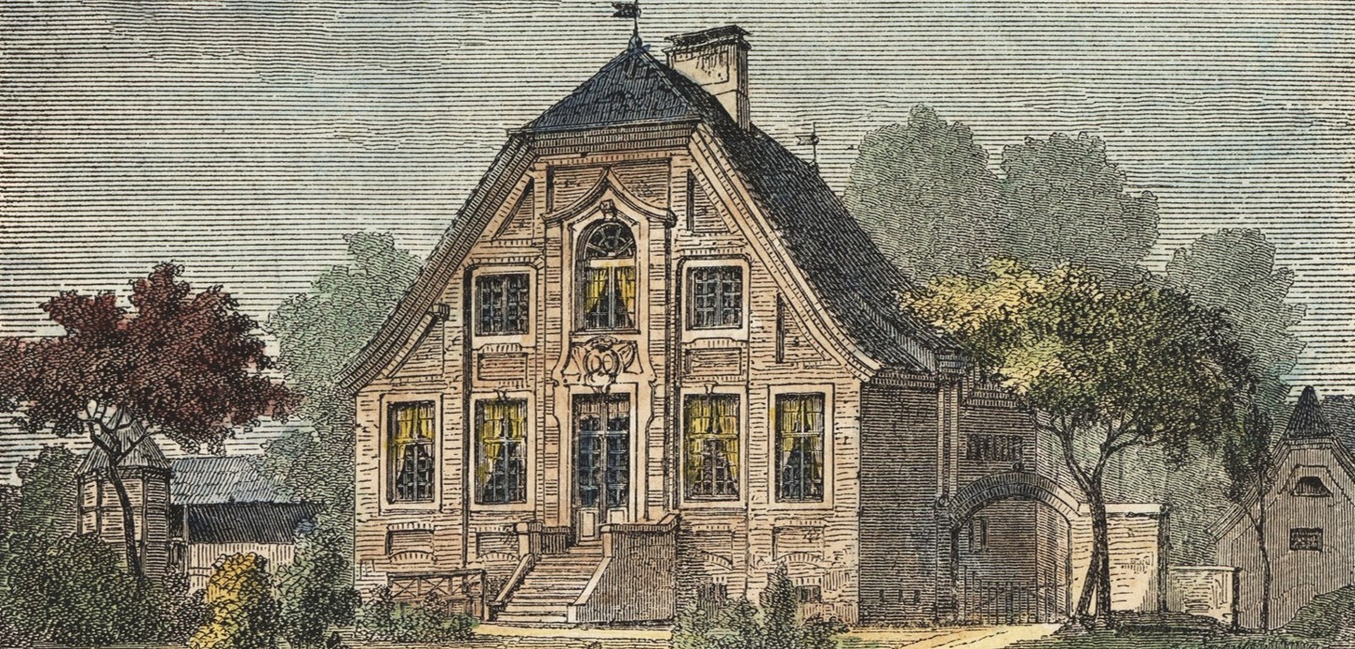 Das Rüschhaus, Holzschnitt, © LWL-DLBW Das Rüschhaus, Holzschnitt, © LWL-DLBW