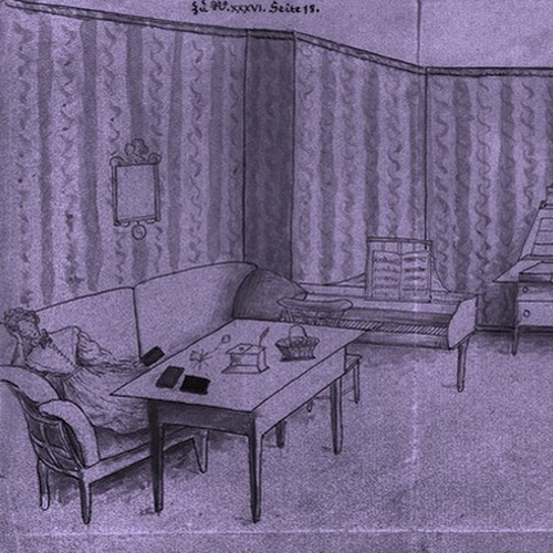 Historische Skizze des Arbeitszimmers, Lila gefärbt, © LWL-DLBW