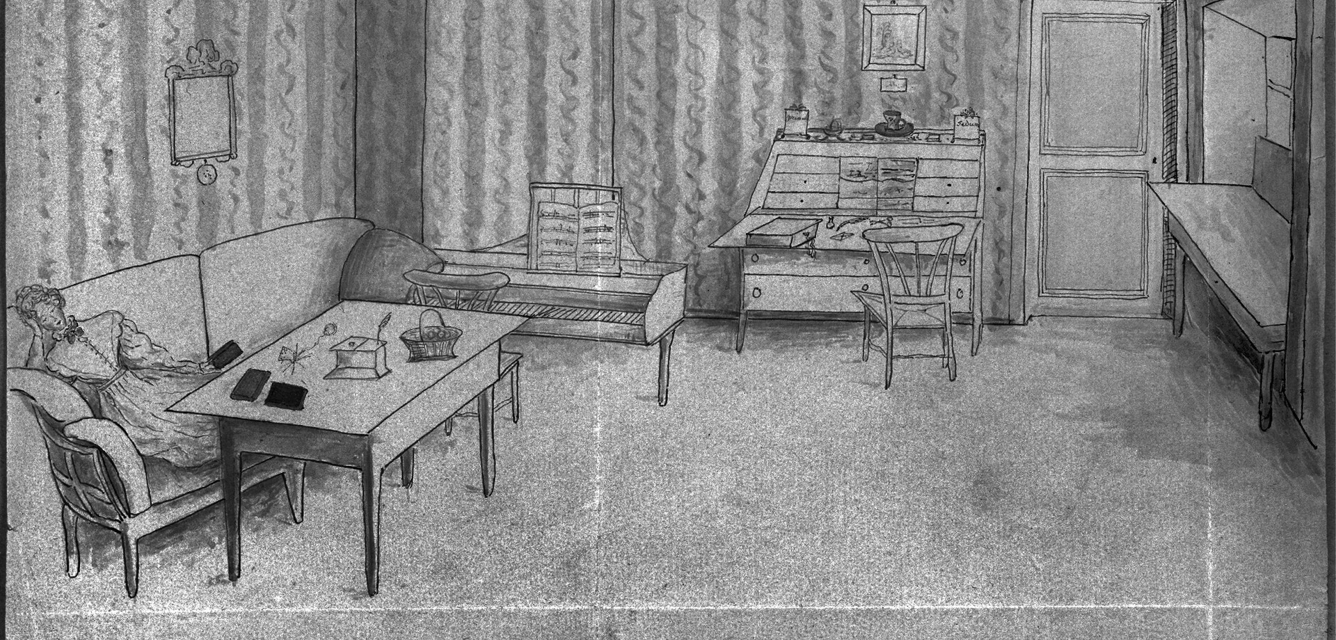 Skizze des Arbeitszimmers der Autorin Annette von Droste-Hülshoff im Haus Rüschhaus, © LWL-DLBW